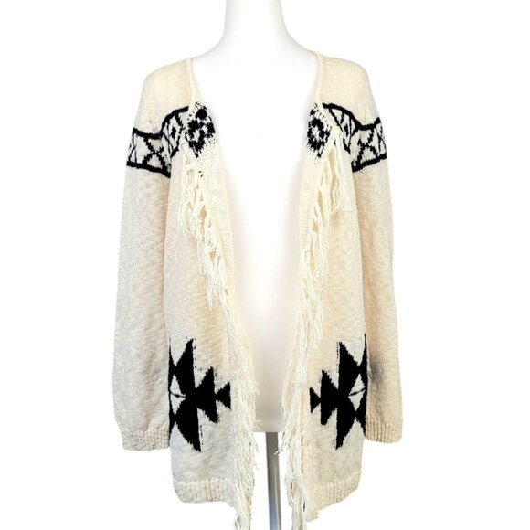 Womens XL Olivia & Sky Fringe Aztec Boho Open Front Cardigan- Cream Long Sleeve - Picture 2 of 12